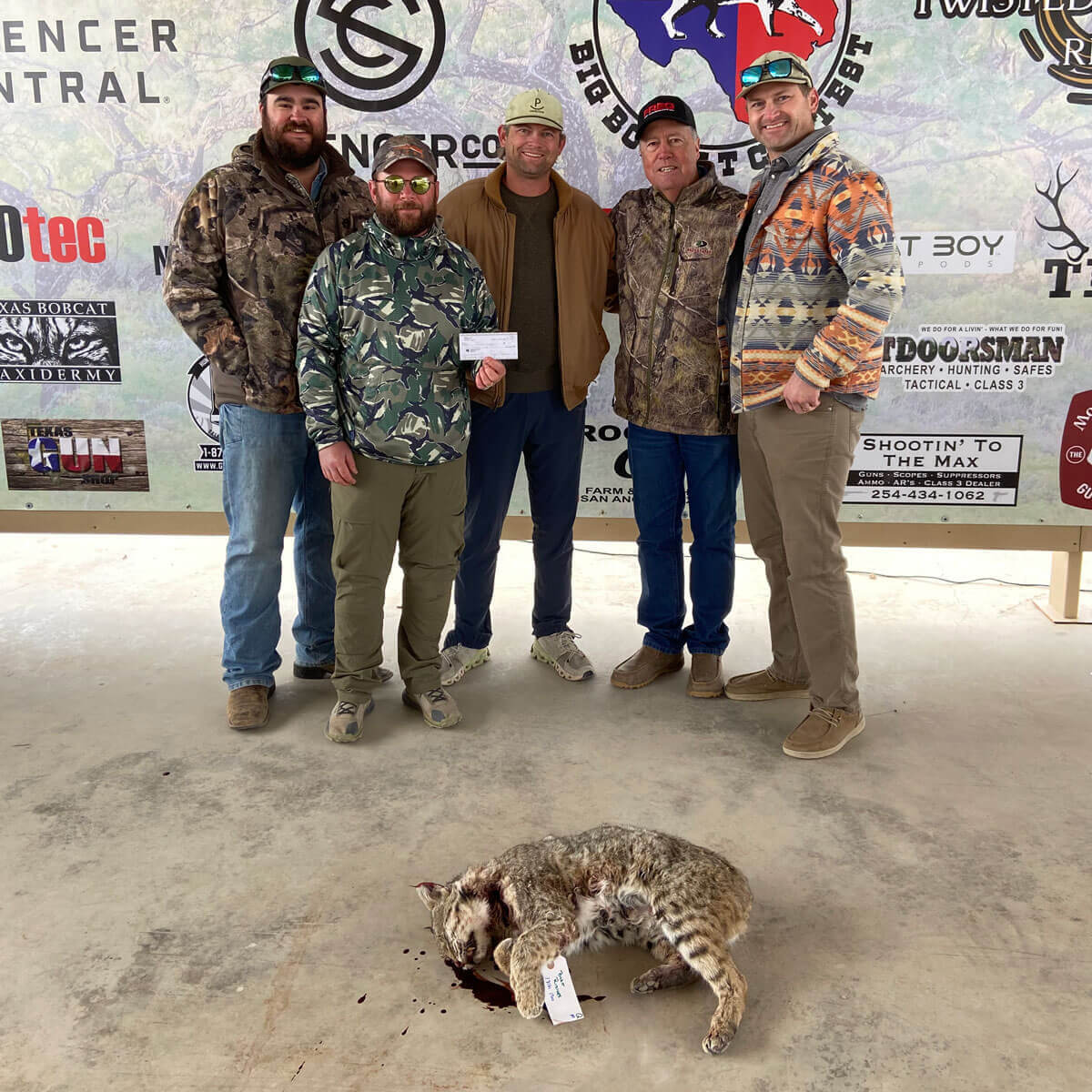 Jeff Ridings, Brett Ridings, Ryan Lawhon and Kash Ousley with their 28 lb 13 oz bobcat at the West Texas Big Bobcat Contest, January 2025.