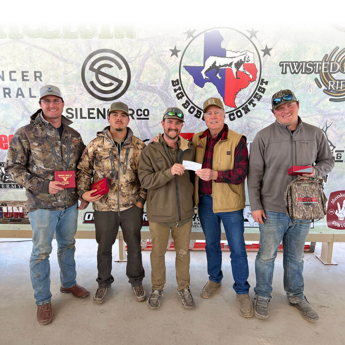 Justin Thomas, Dylan Knapp, Brandon Garza and Dustin Cheney with their target weight bobcat at the West Texas Big Bobcat Contest, February 2025.